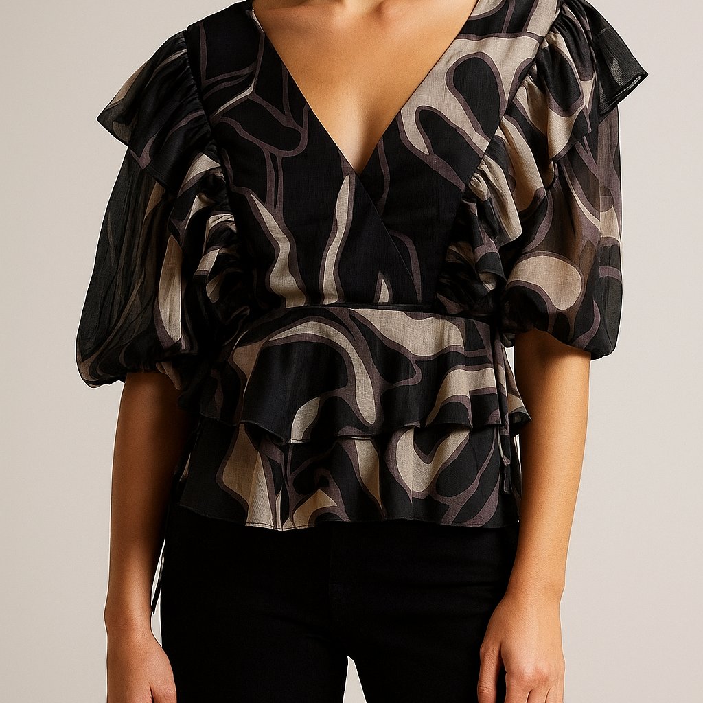 Ted Baker London Jasmyna Metallic Purple/Black Ruffle Shimmer Top Medium
